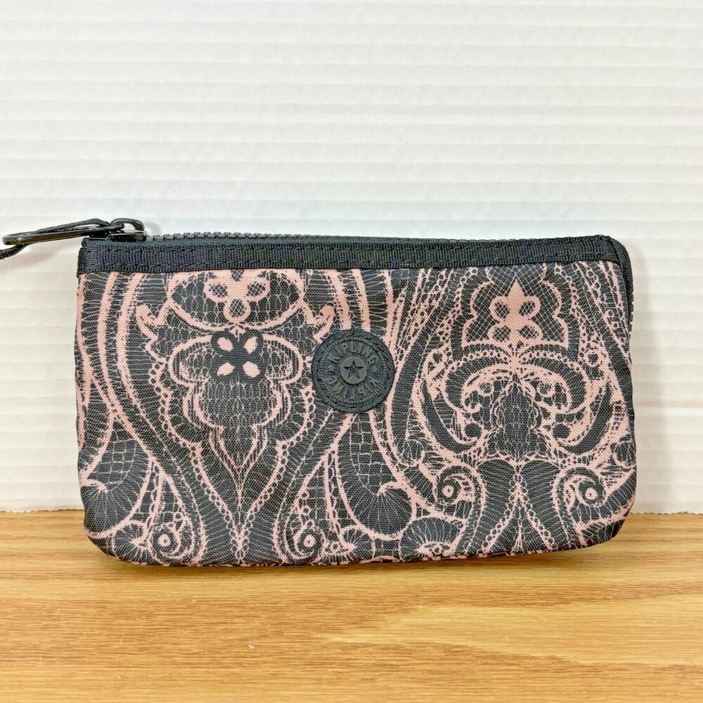 Kipling Small Zippered Pouch Back & Pink Damask / Lace Pattern